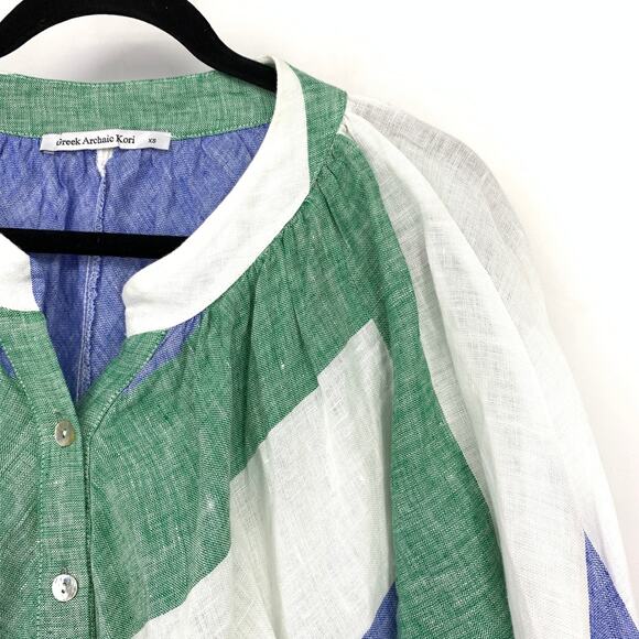 Greek Archaic Kori Long Sleeve Hi Low Tunic Womens XS Striped Linen Blue Green - Picture 3 of 6